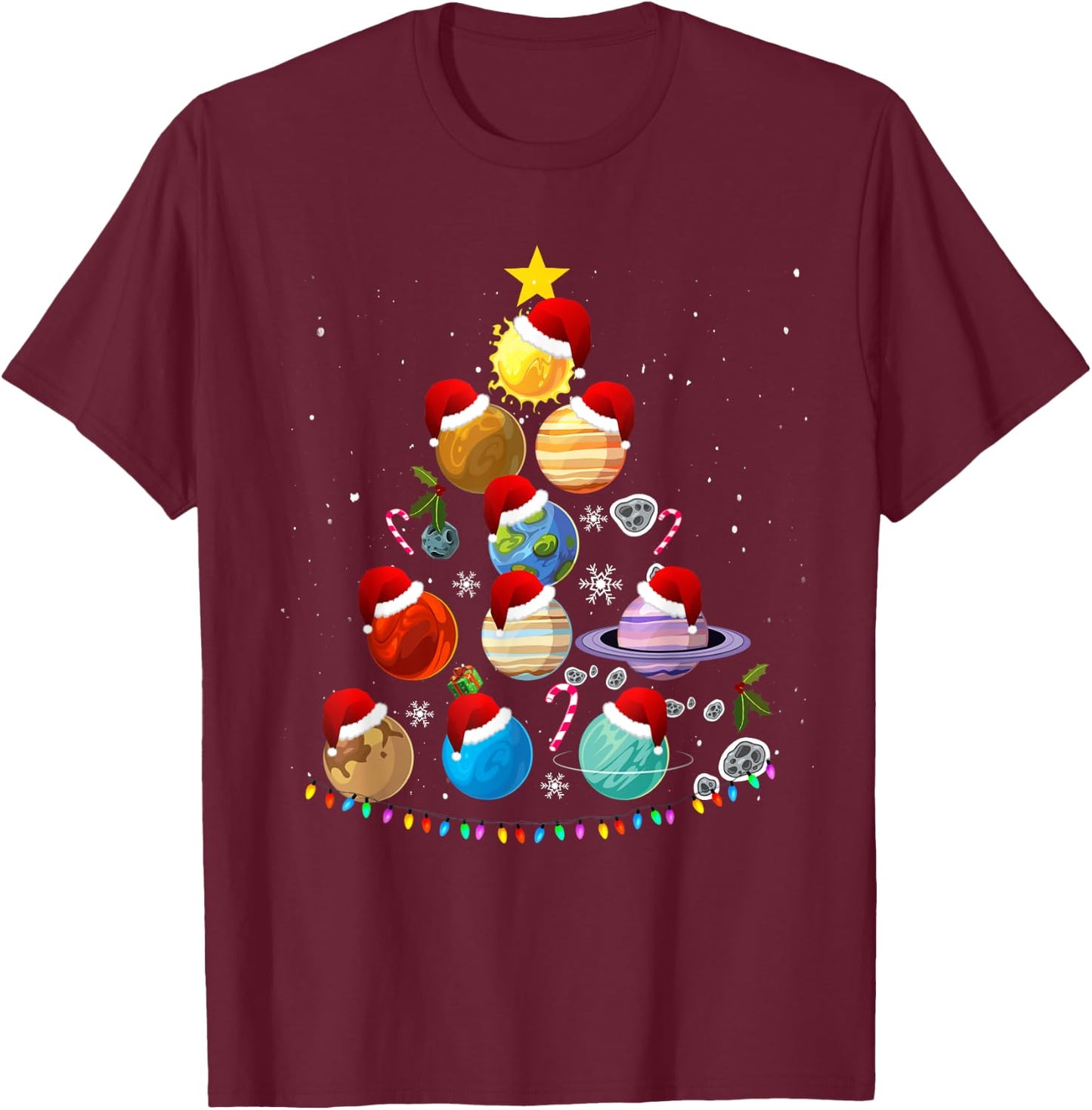Funny Solar System Space Planets Tree Christmas Pajama Xmas T-Shirt - T-Shirt | Maroon