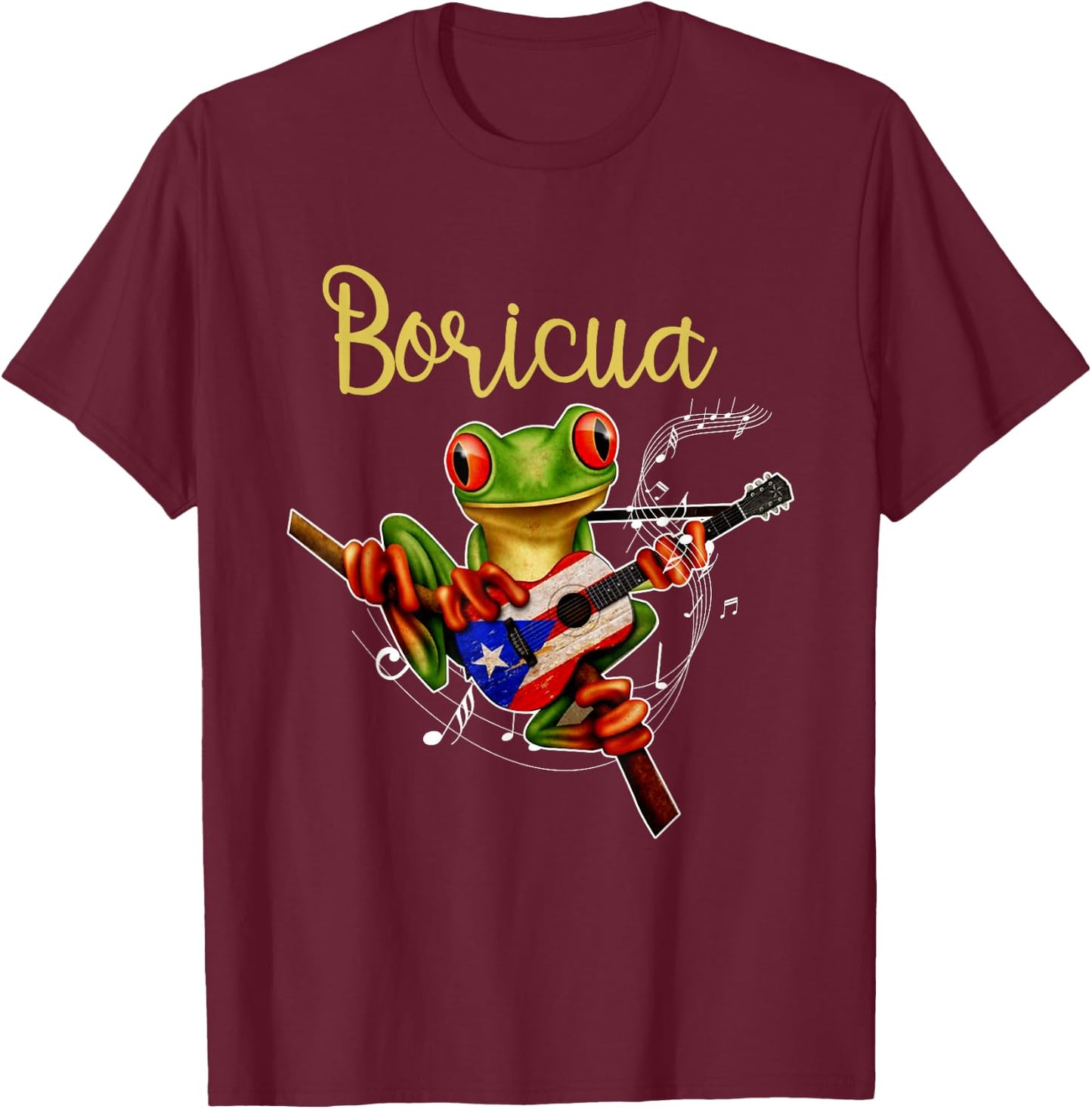 Puerto Rico Coqui Frog Playing Guitar Puerto Rican Boricua T-Shirt - T-Shirt | Maroon