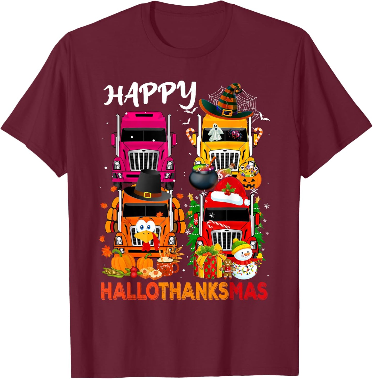 Witch Turkey Santa Trucks Truckers Happy HalloThanksMas Men T-Shirt - T-Shirt | Maroon