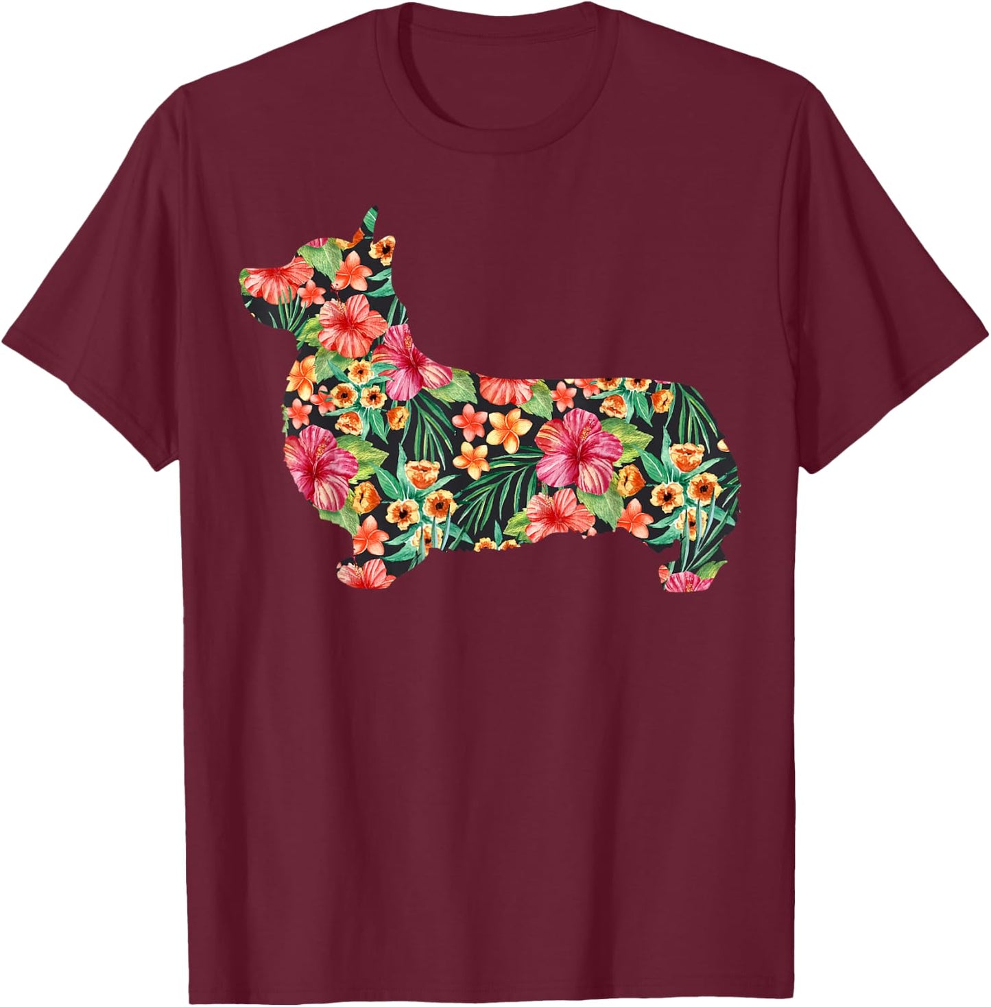 Corgi Flower Funny Dog Silhouette Floral Gifts Women Men T-Shirt - T-Shirt | Maroon