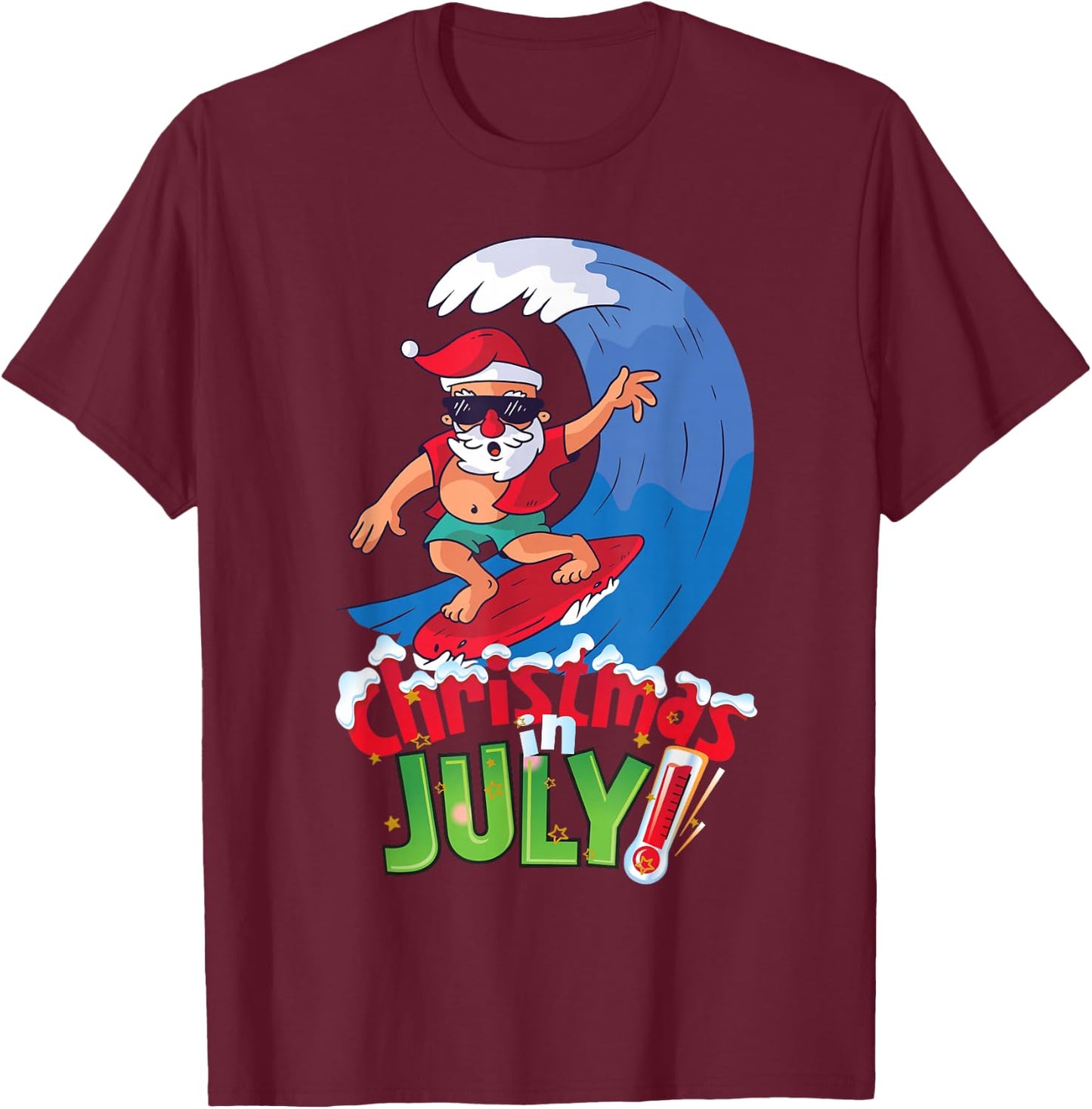 Funny Christmas in July Shirt Summer Santa Surfing Xmas T-Shirt - T-Shirt | Maroon