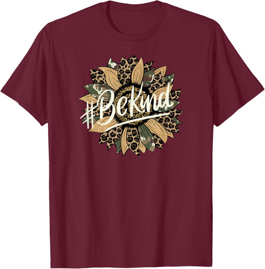 Camo and Leopard Print Sunflower Be Kind T-Shirt - T-Shirt | Maroon