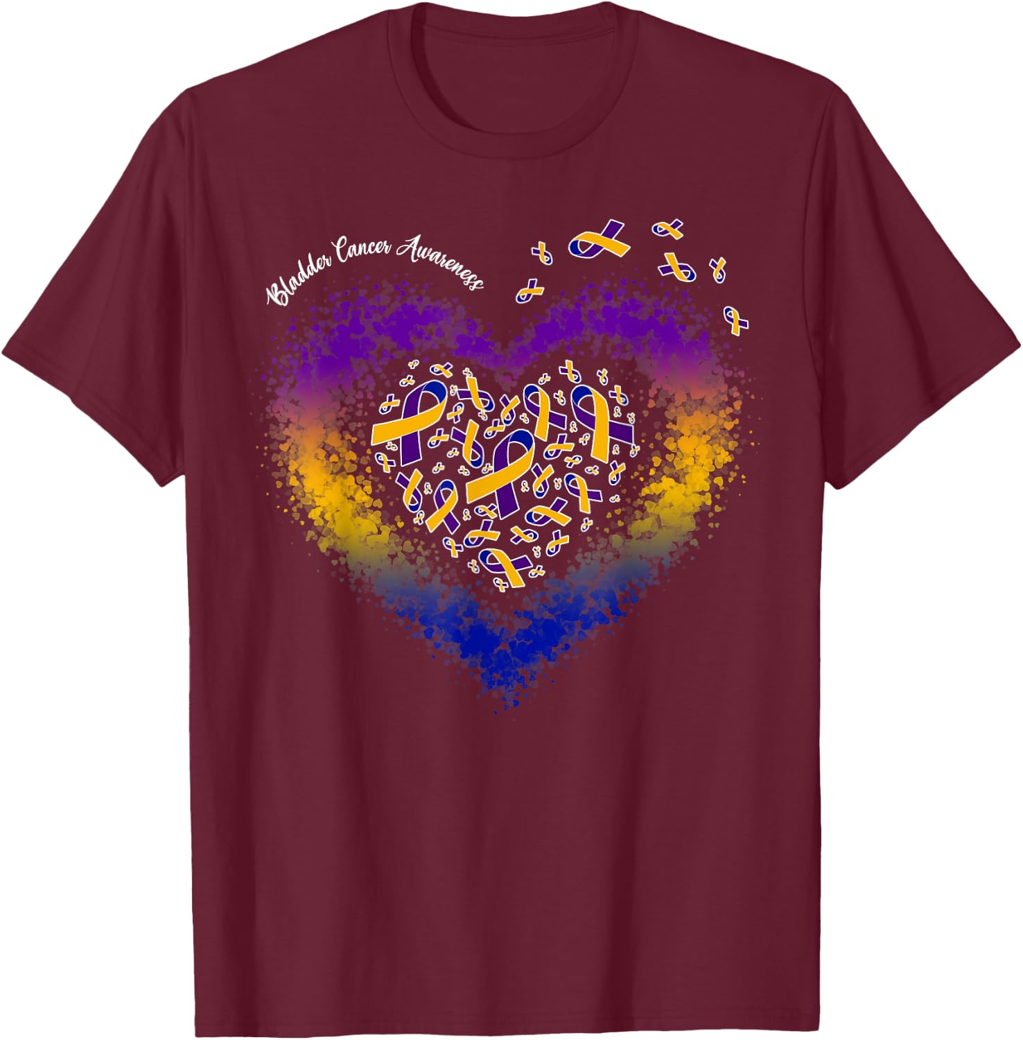 Marigold Blue & Purple Ribbon Heart Bladder Cancer Awareness T-Shirt - T-Shirt | Maroon