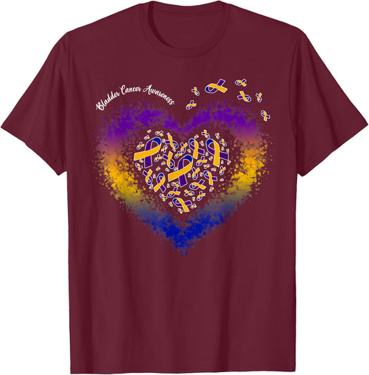 Marigold Blue & Purple Ribbon Heart Bladder Cancer Awareness T-Shirt - T-Shirt | Maroon