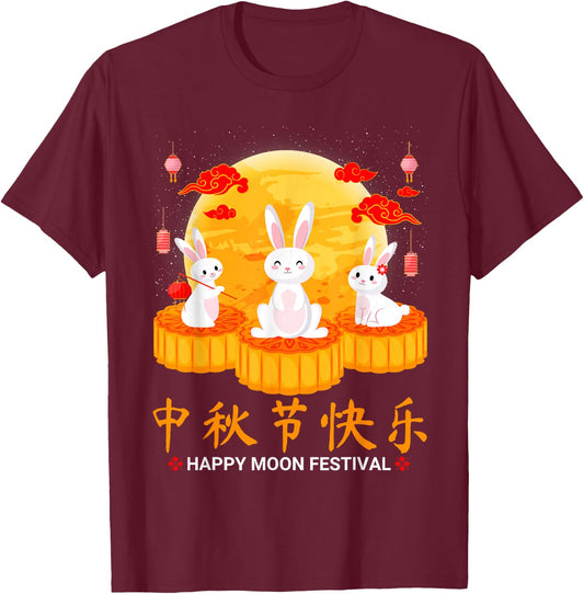 Mid Autumn Cute Rabbit Bunny Moon Cake Chinese Moon Festival T-Shirt - T-Shirt | Maroon