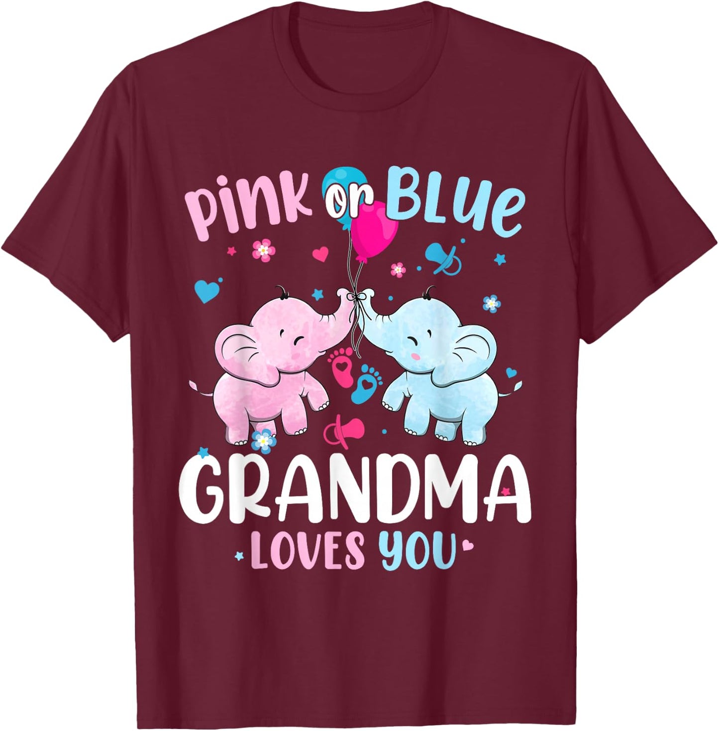 Pink or Blue Grandma Loves You Gender Reveal Elephant T-Shirt - T-Shirt | Maroon