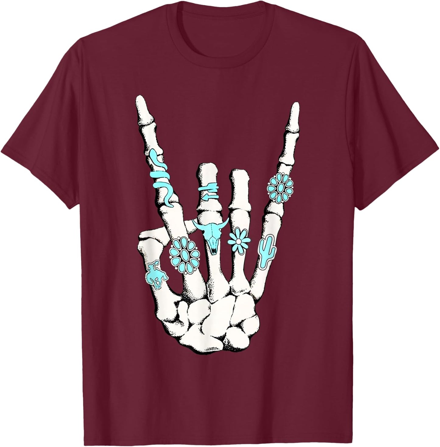 Skeleton with Turquoise Hand Western Skeleton Rings Lover T-Shirt - T-Shirt | Maroon
