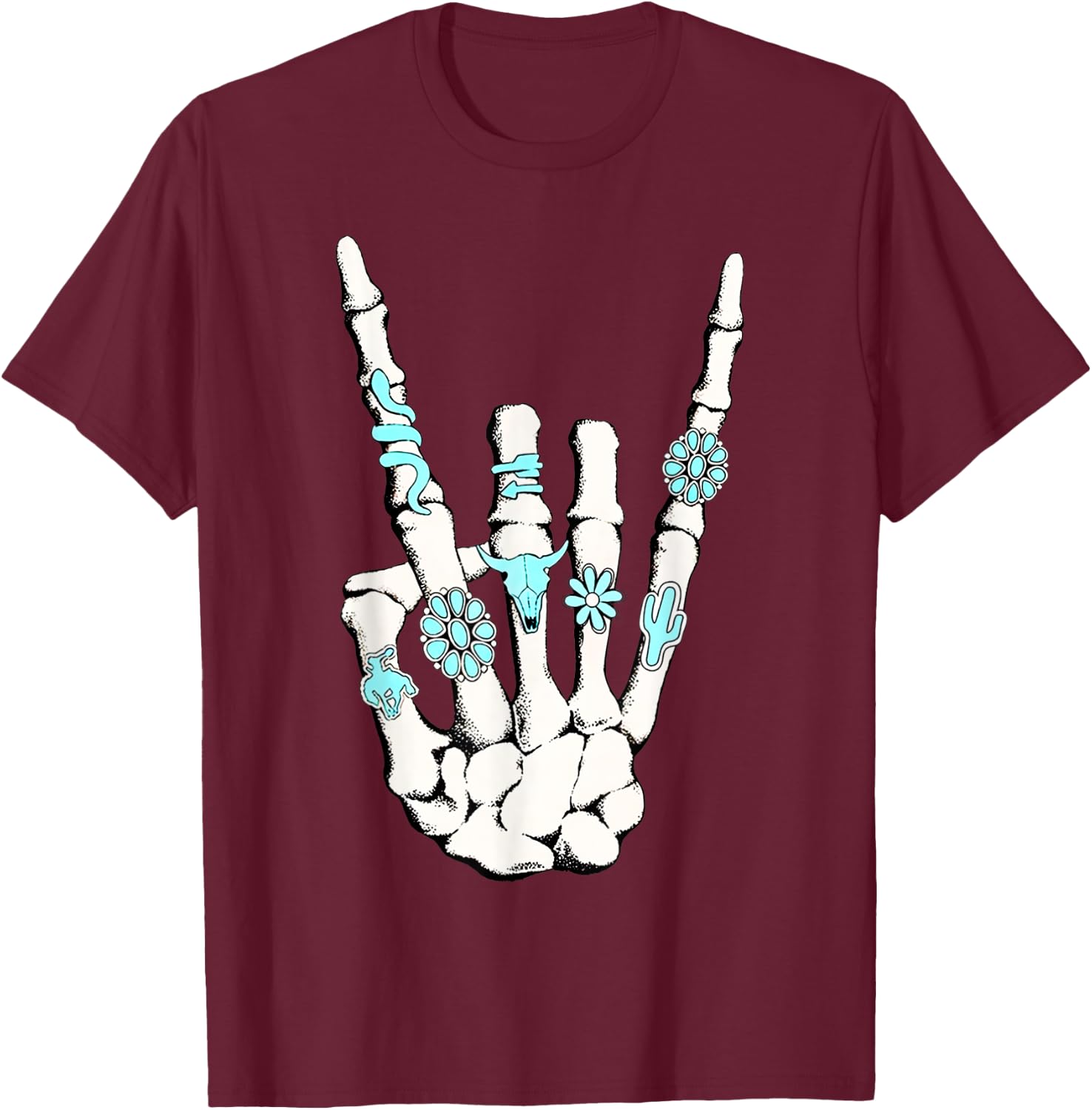 Skeleton with Turquoise Hand Western Skeleton Rings Lover T-Shirt - T-Shirt | Maroon