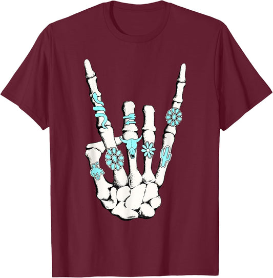 Skeleton with Turquoise Hand Western Skeleton Rings Lover T-Shirt - T-Shirt | Maroon