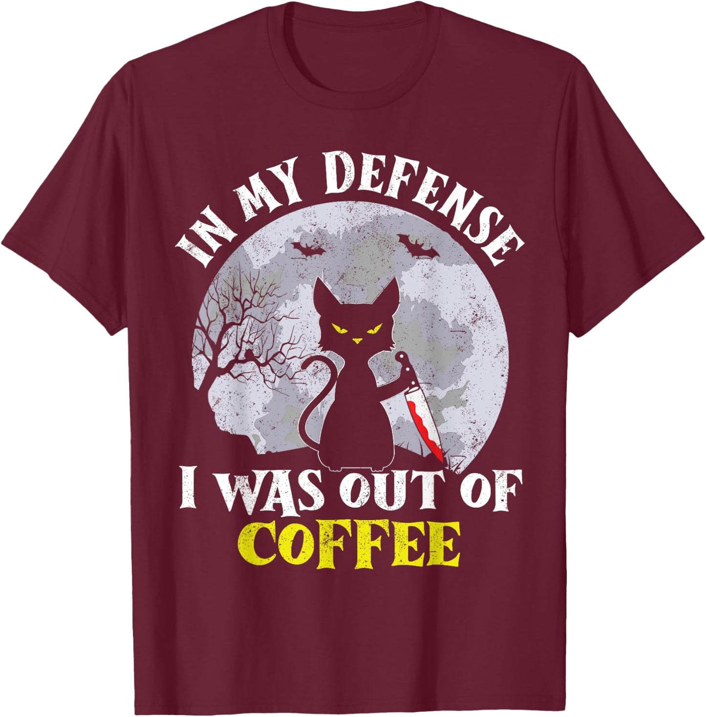 Funny In My Defense Cat Knife Halloween Moon Coffee Men's T-Shirt - T-Shirt | Maroon