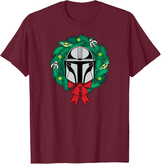 Amazon Essentials The Mandalorian Helmet Holiday Christmas Wreath T-Shirt - T-Shirt | Maroon