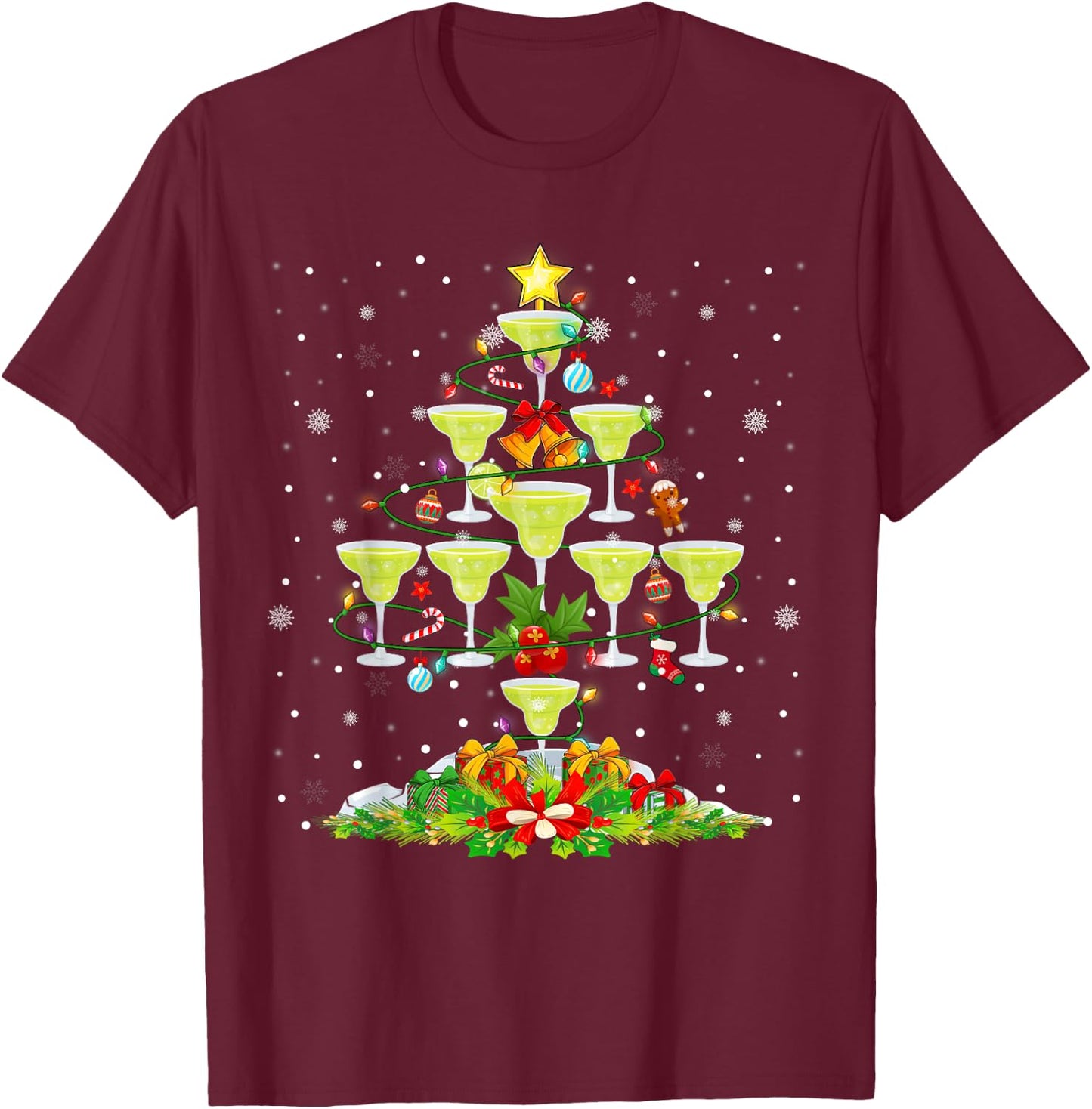 Glasses Of Margarita Christmas Tree Lights Ornaments Xmas T-Shirt - T-Shirt | Maroon