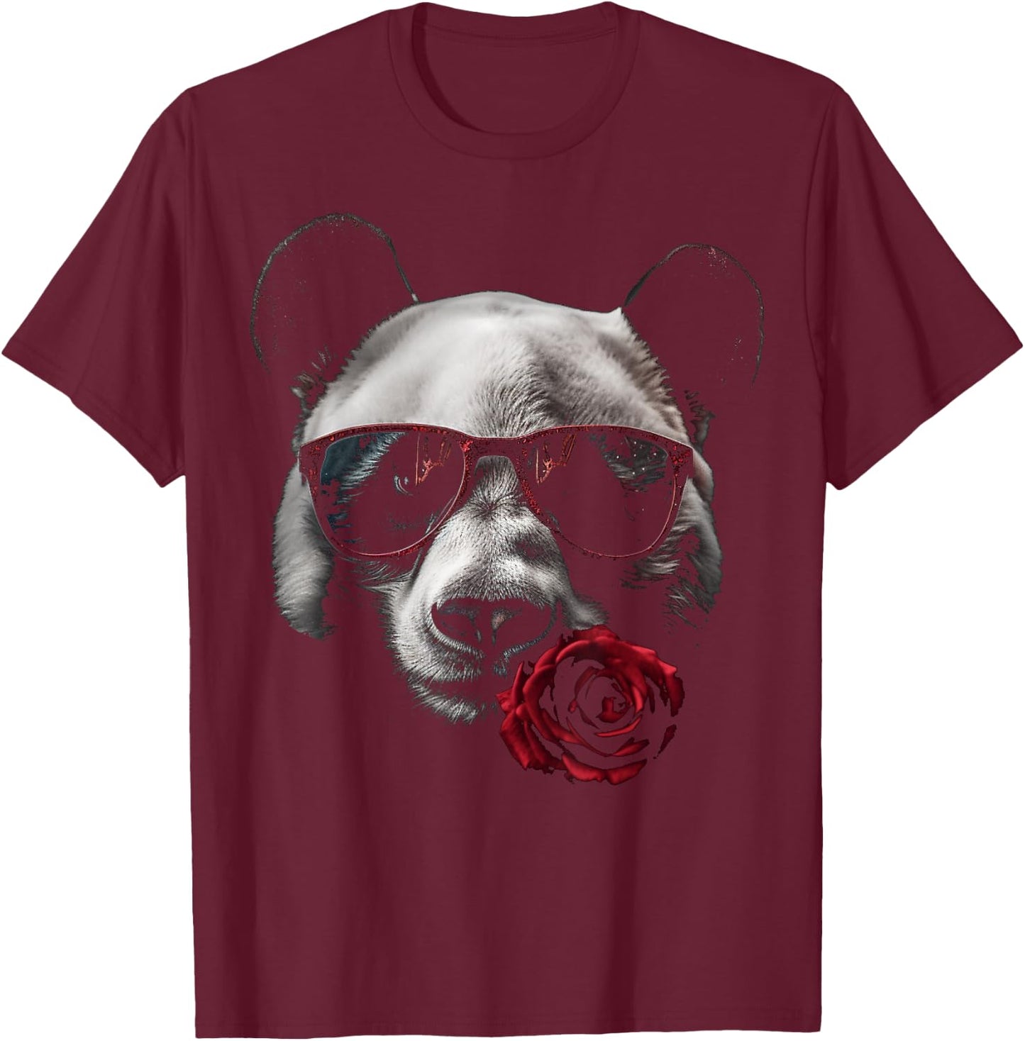 Panda Sunglasses Rose Artwork | Flowers Animal Panda T-Shirt - T-Shirt | Maroon