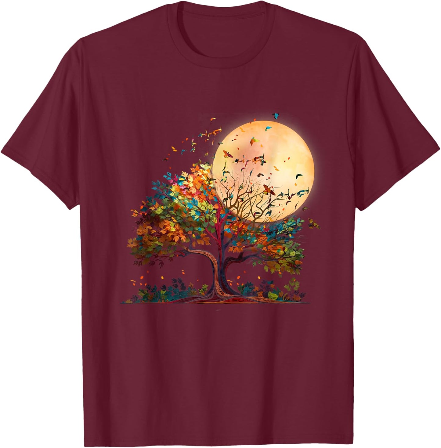 Full Moon Flock Of Birds Tree Outdoor Wildlife Nature Forest T-Shirt - T-Shirt | Maroon