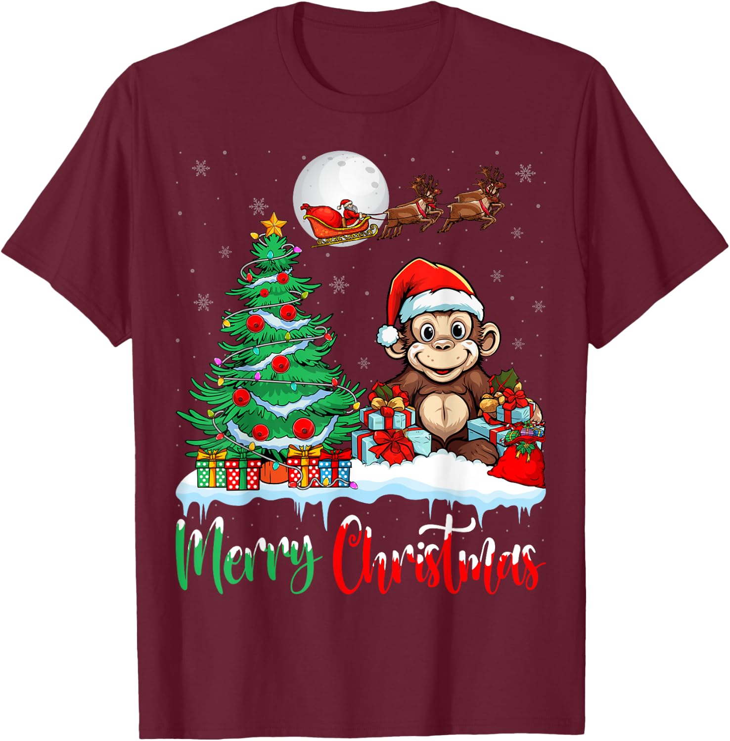 Monkey Santa Hat Xmas Lights Merry Christmas Monkey T-Shirt - T-Shirt | Maroon