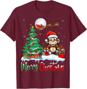 Monkey Santa Hat Xmas Lights Merry Christmas Monkey T-Shirt - T-Shirt | Maroon