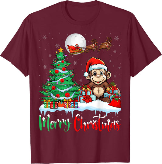 Monkey Santa Hat Xmas Lights Merry Christmas Monkey T-Shirt - T-Shirt | Maroon