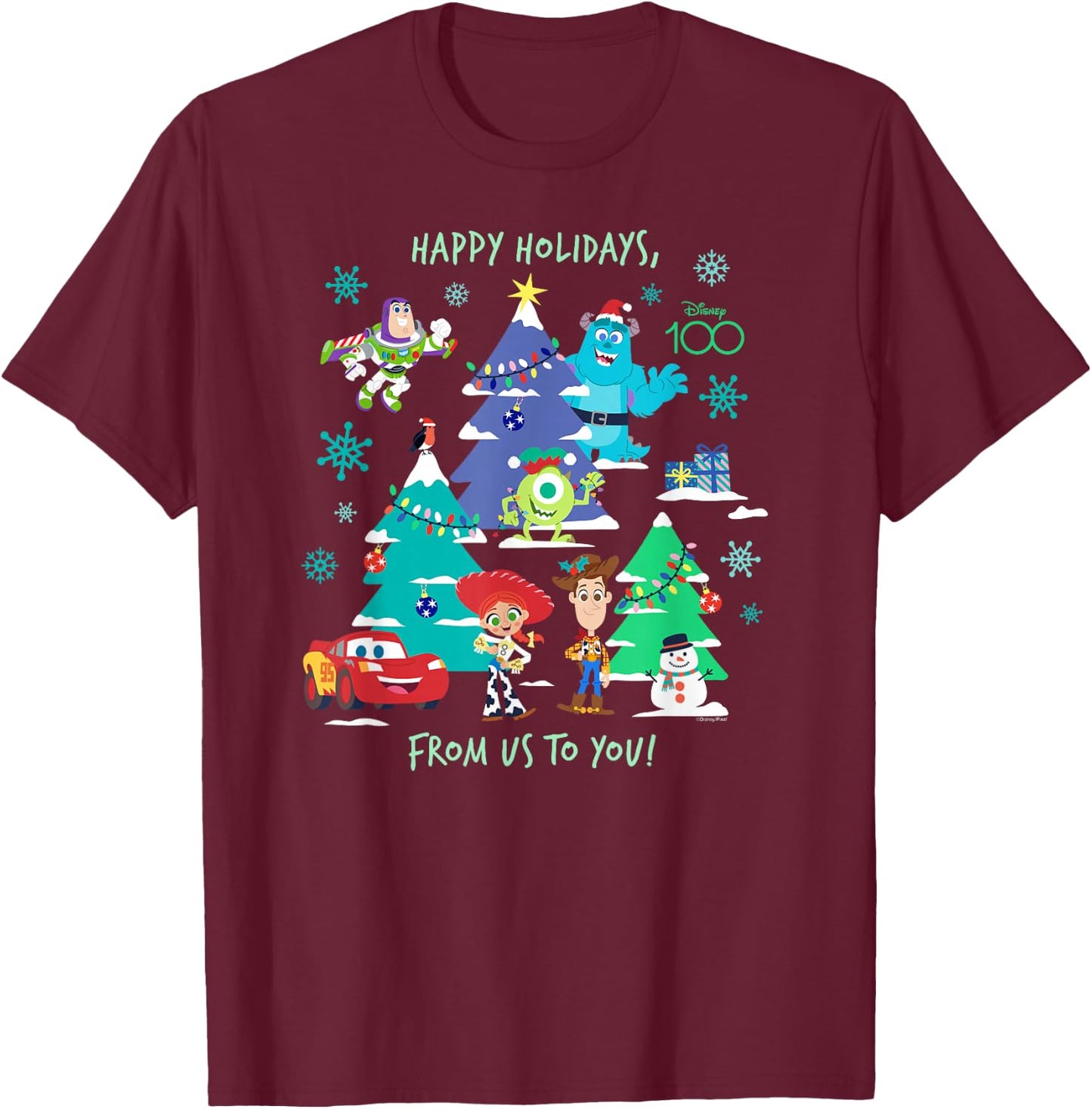 Disney 100 and Pixar Christmas Happy Holidays from Us to You T-Shirt - T-Shirt | Maroon
