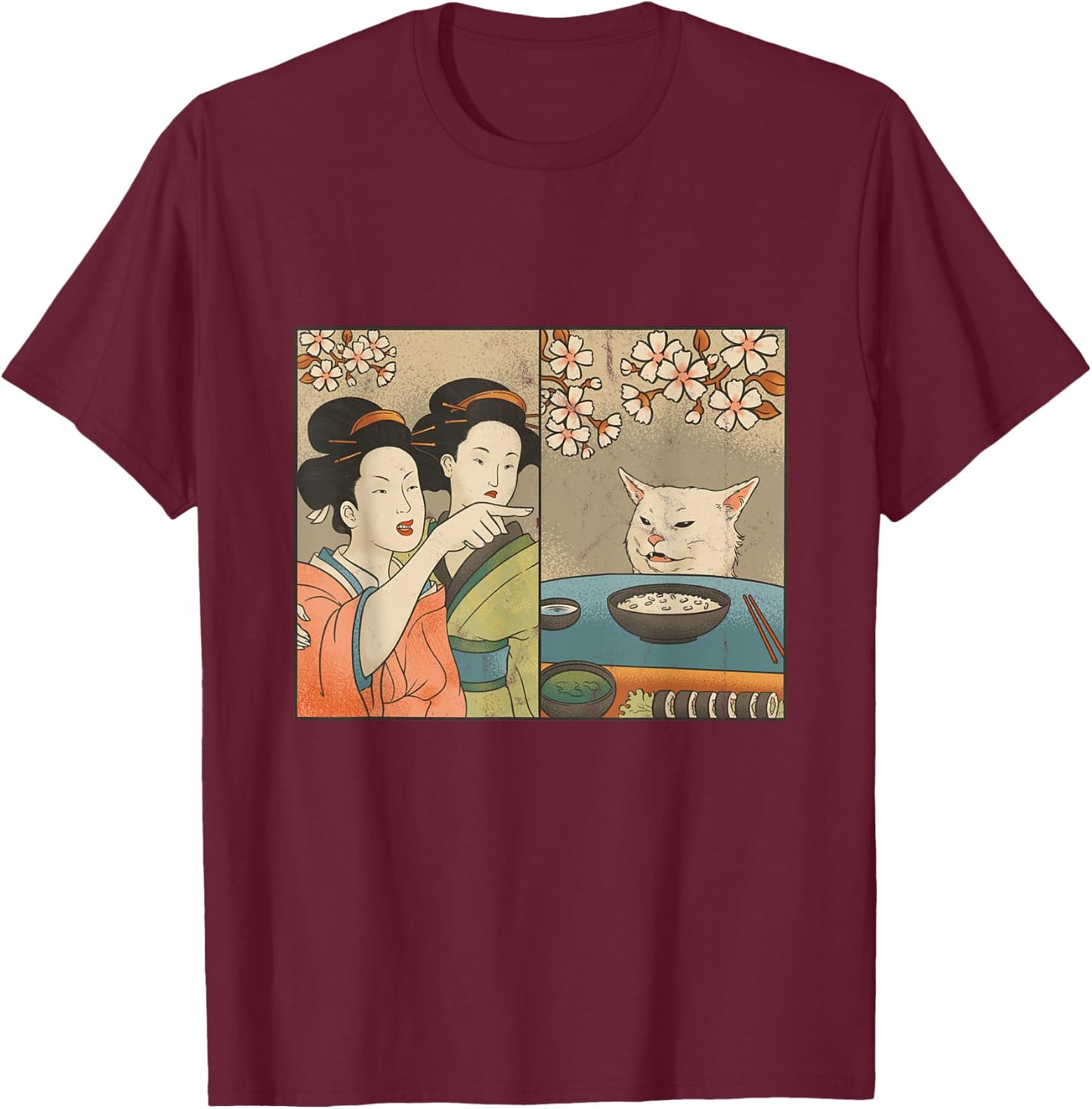 Japanese Art Cherry Blossom Cat and Sushi T-Shirt - T-Shirt | Maroon