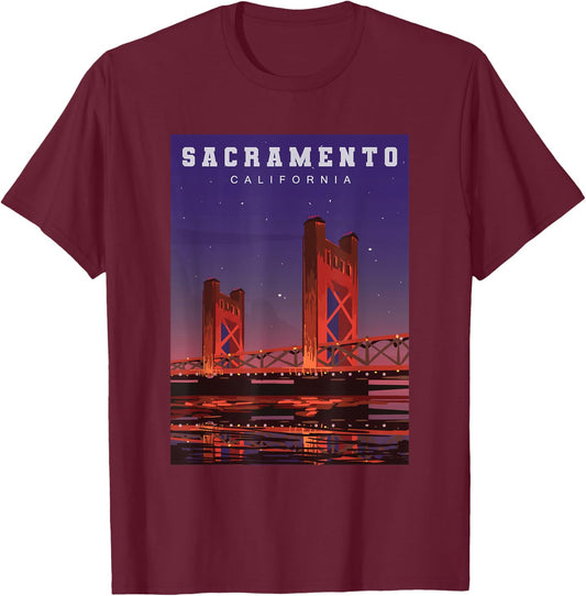 Sacramento California Tower Bridge River Landscape T-Shirt - T-Shirt | Maroon