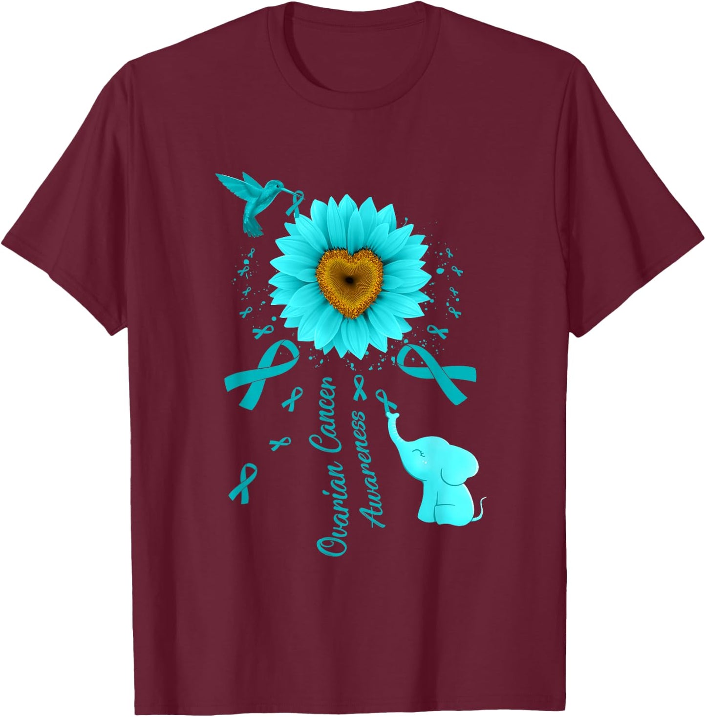 Sunflower Hummingbird Elephant Ovarian Cancer Awareness T-Shirt - T-Shirt | Maroon