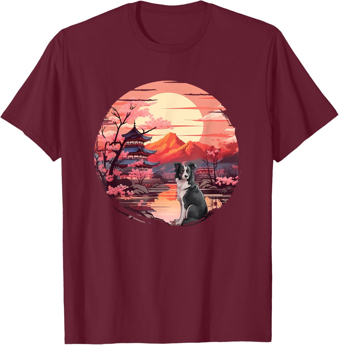 Japanese Sunset Border Collie T-Shirt - T-Shirt | Maroon