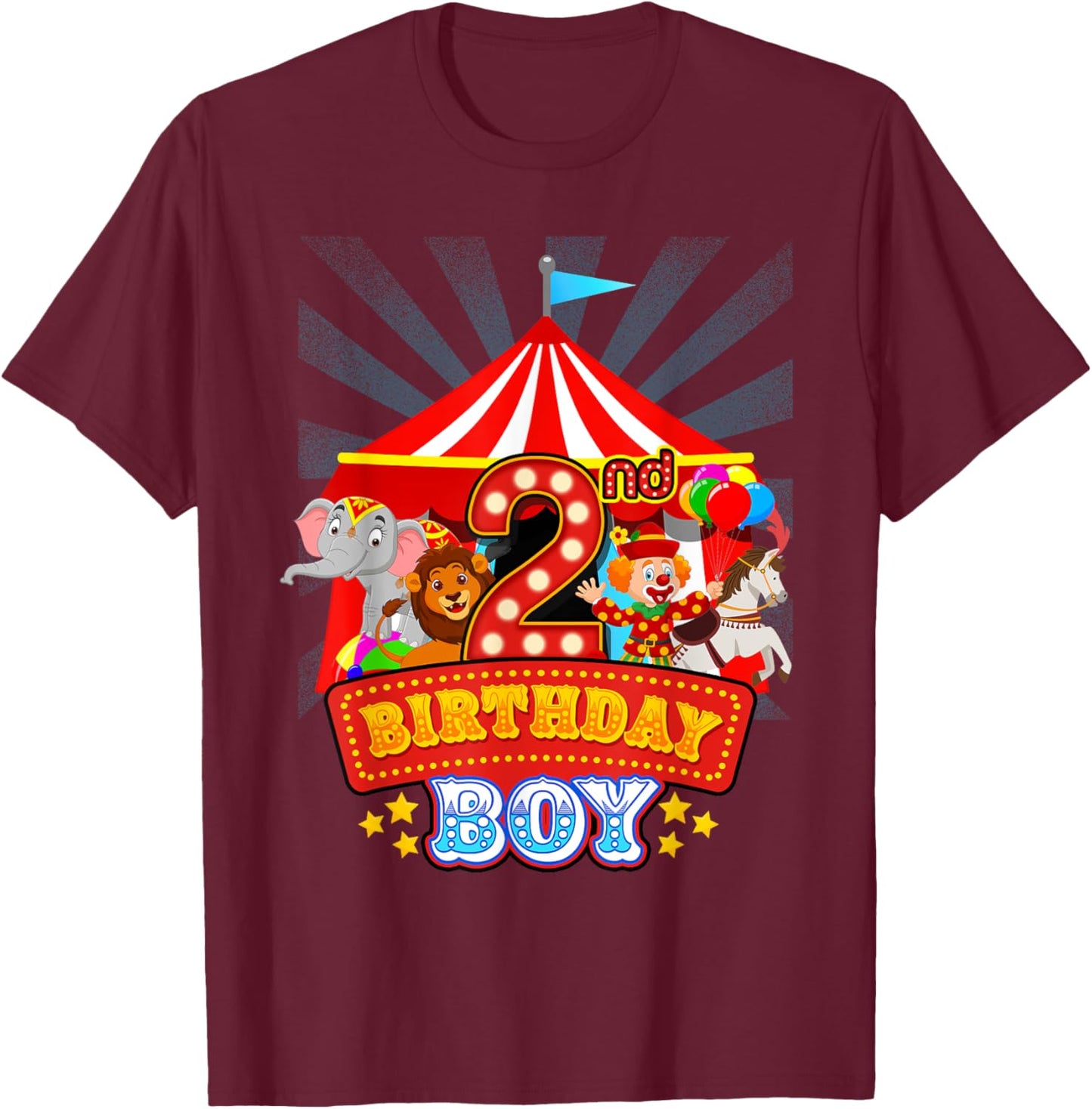 2nd Birthday Outfit Boy 2 Year Old Circus Carnival Bday T-Shirt - T-Shirt | Maroon