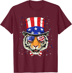 4th of July Patriotic Tiger American USA Flag Tiger Lover T-Shirt - T-Shirt | Maroon