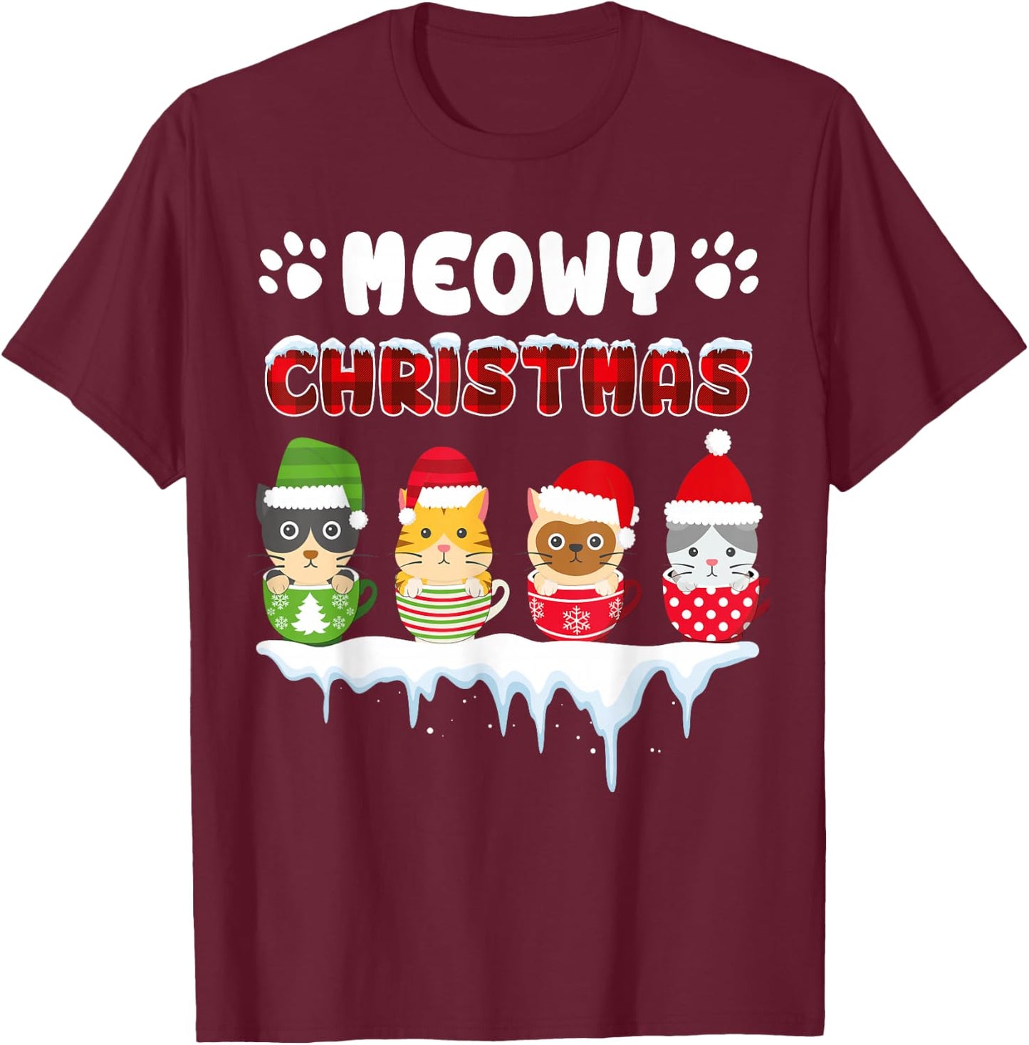 Funny Cat Meowy Christmas T-Shirt - T-Shirt | Maroon