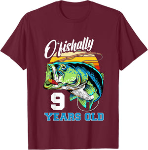 Kids Ofishally 9 Years Old Fisherman 9th Birthday Fishing T-Shirt - T-Shirt | Maroon