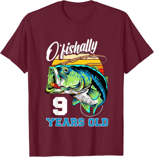 Kids Ofishally 9 Years Old Fisherman 9th Birthday Fishing T-Shirt - T-Shirt | Maroon