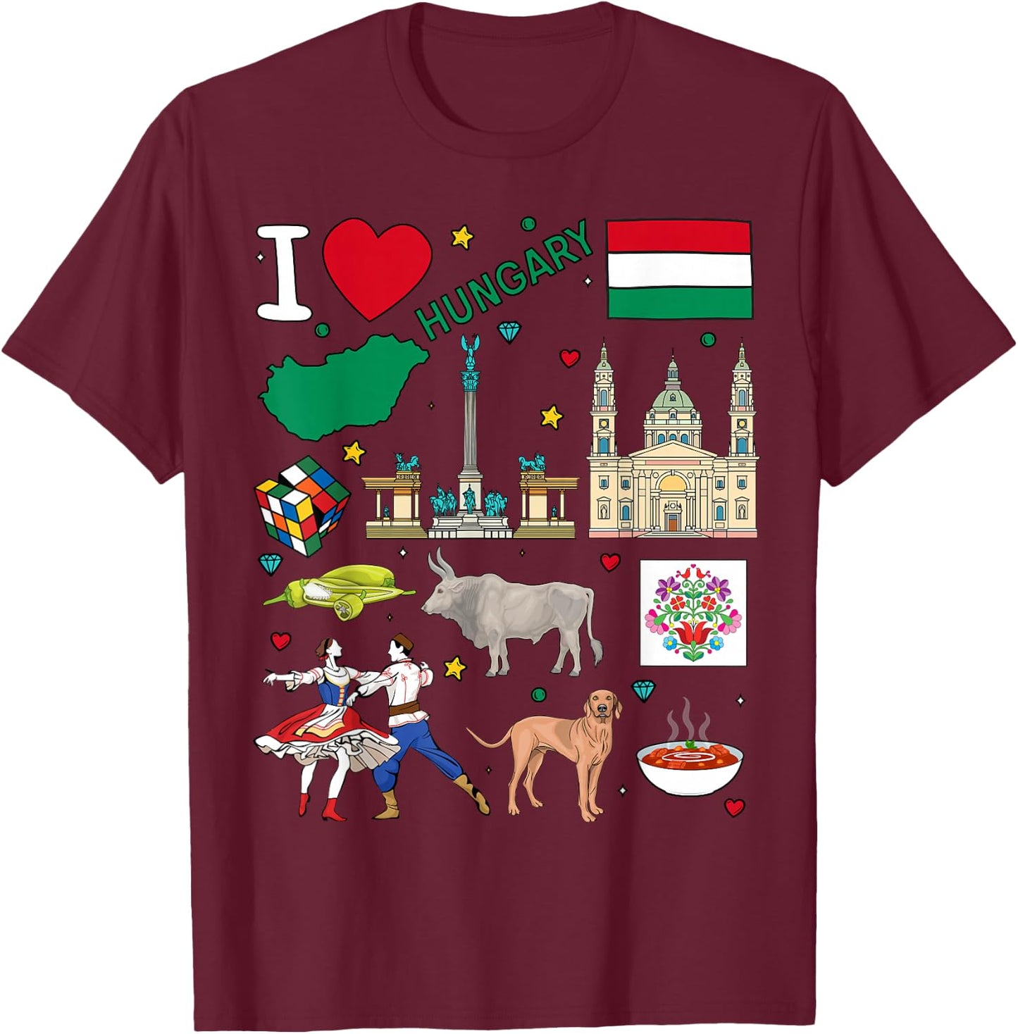 I love Hungary. Hand drawn Hungarian Landmarks, flag and map T-Shirt - T-Shirt | Maroon