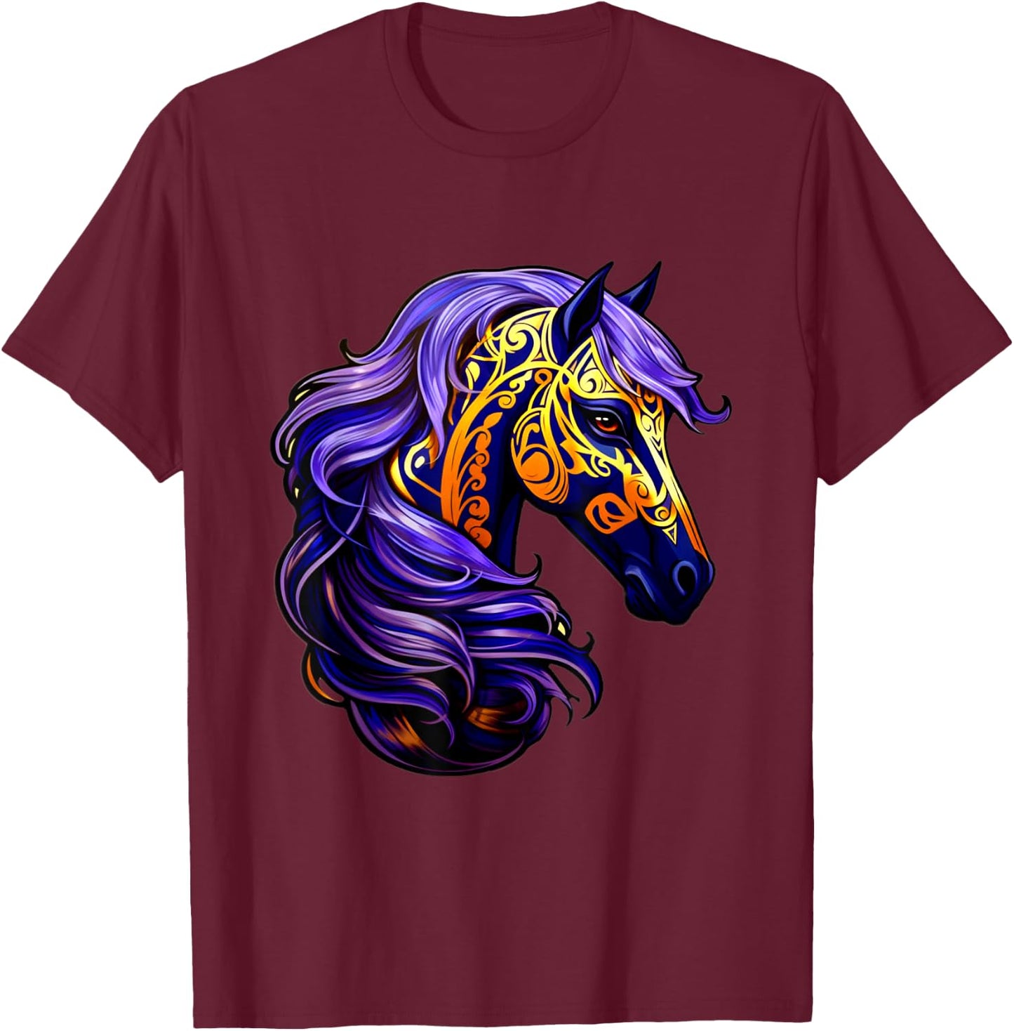 Purple Gold Black Horse Fantasy Swirl Wave Pattern Design T-Shirt - T-Shirt | Maroon