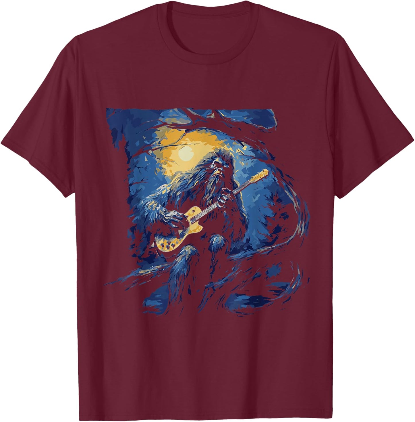 Bigfoot Playing a Guitar Starry Night Funny Sasquatch Rocker T-Shirt - T-Shirt | Maroon