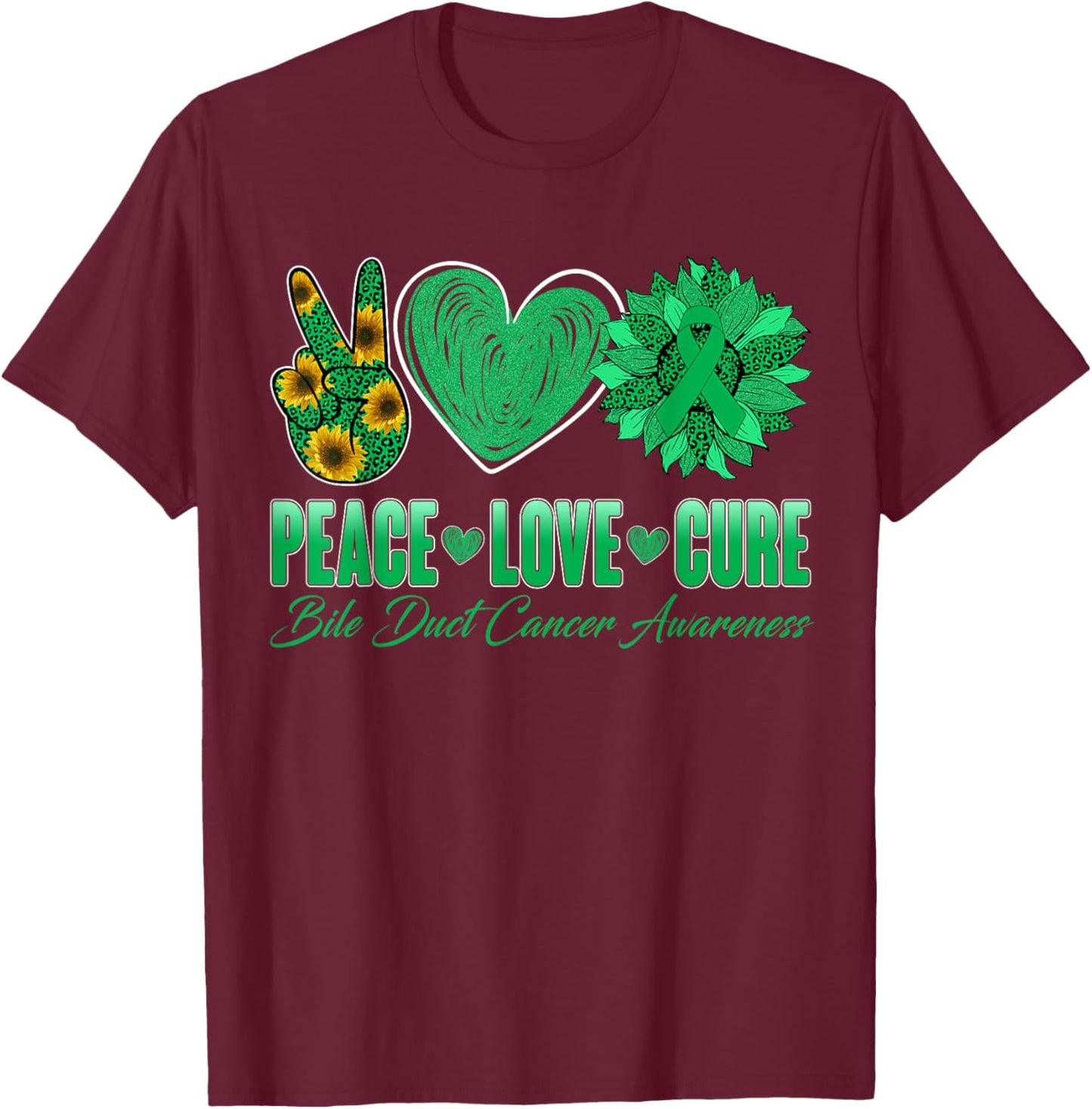 Peace Love Cure Sunflower Bile Duct Cancer Awareness Warrior T-Shirt - T-Shirt | Maroon