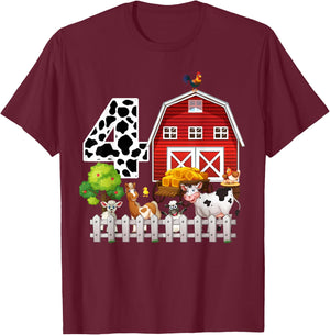 Farm Animals 4th Birthday 4 Year Old Birthday Kids Boy Girl T-Shirt - T-Shirt | Maroon