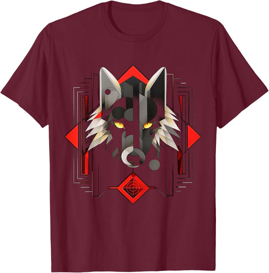 Wolf Geometric Artwork | Animal Motif Wolf T-Shirt - T-Shirt | Maroon