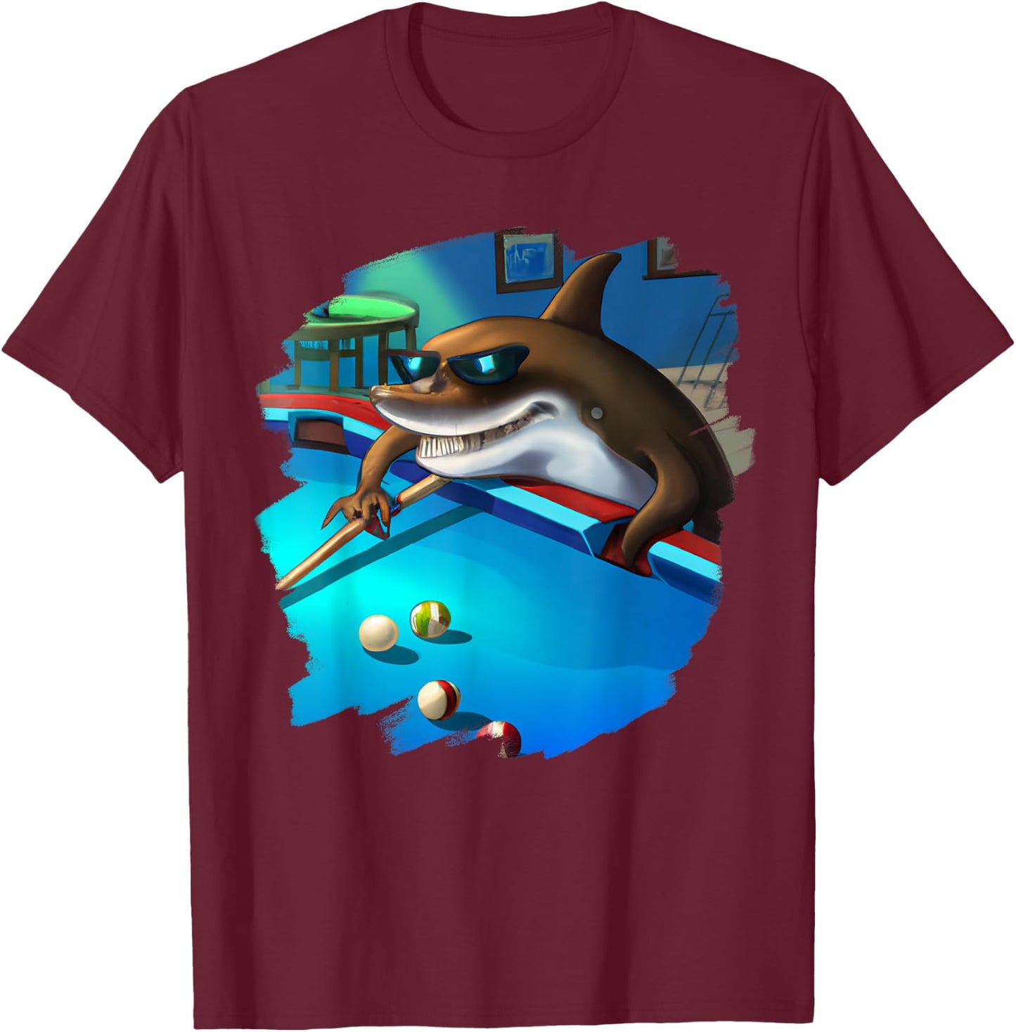 Cool Shark Playing Pool Billiards in Lounge Funny Sharks T-Shirt - T-Shirt | Maroon