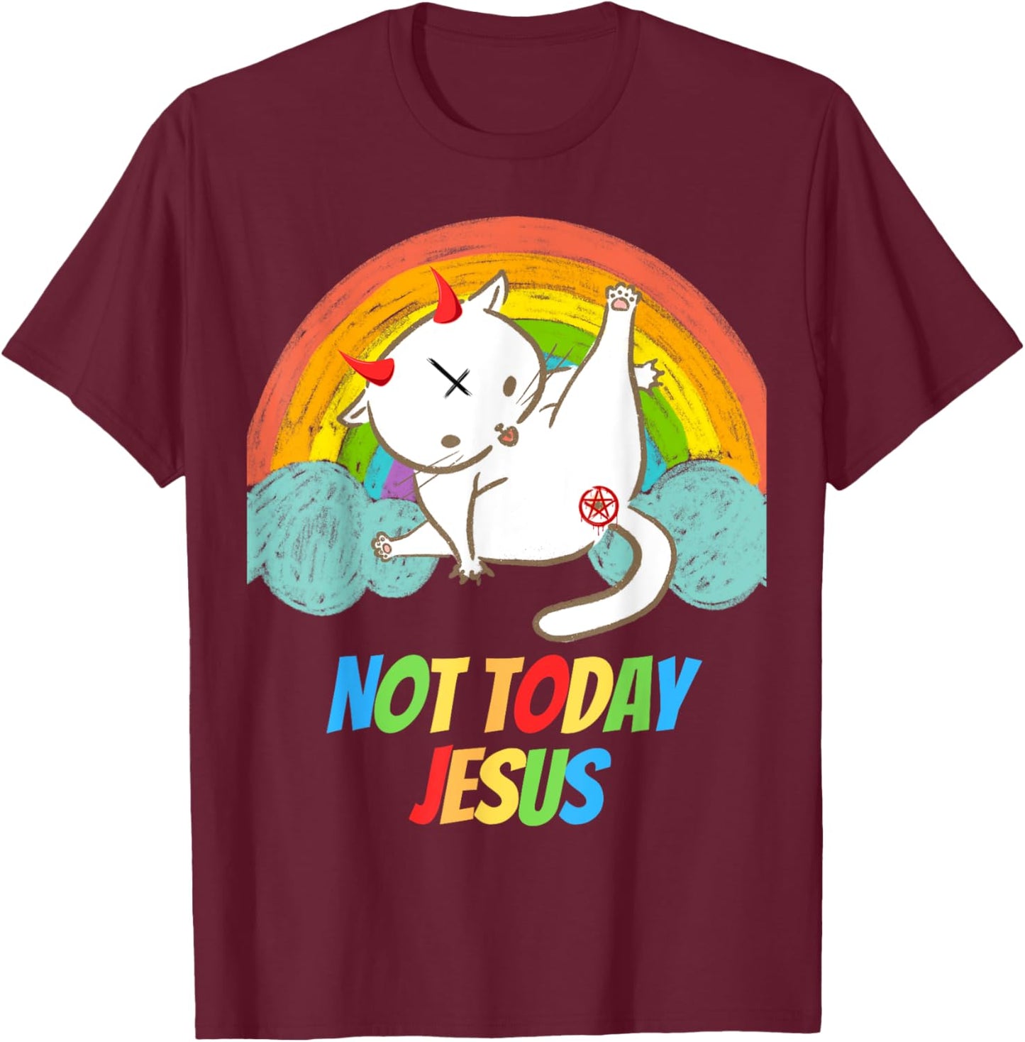 Lucifer Cat Pentagram Goat Satanist Atheist Symbol Today Not Jesus Devil Worship Funny Satanic Hail Satan Black T-Shirt - T-Shirt | Maroon
