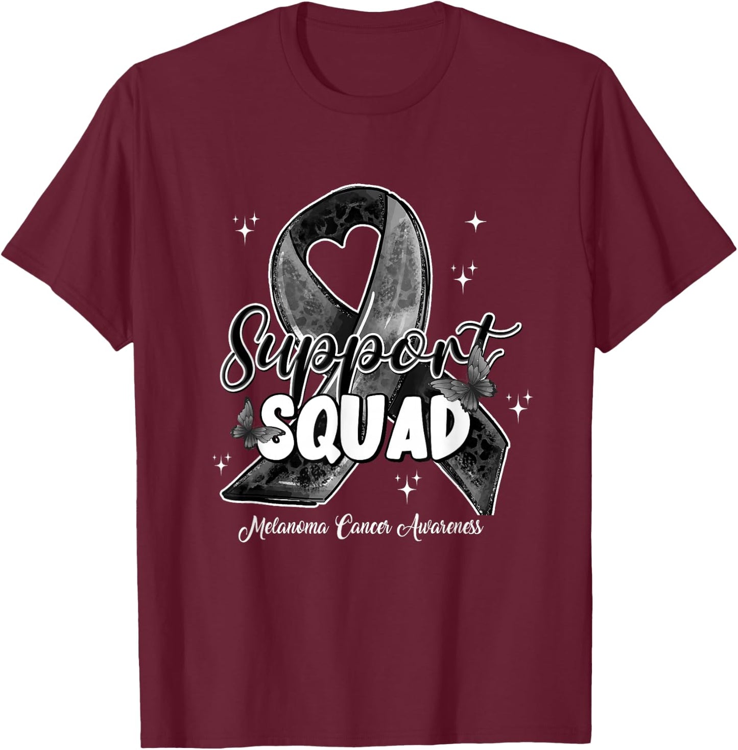 Support Squad Butterfly Black Ribbon Melanoma Cancer Gifts T-Shirt - T-Shirt | Maroon