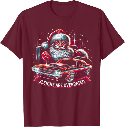 Classic Muscle Car Santa Hotrod V8 Enthusiast Christmas T-Shirt - T-Shirt | Maroon