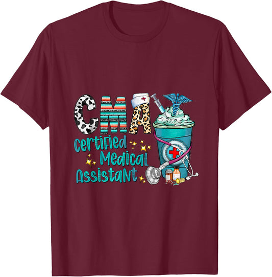 Certified Medical Assistant CMA Leopard Cowhide Coffee Cup T-Shirt - T-Shirt | Maroon