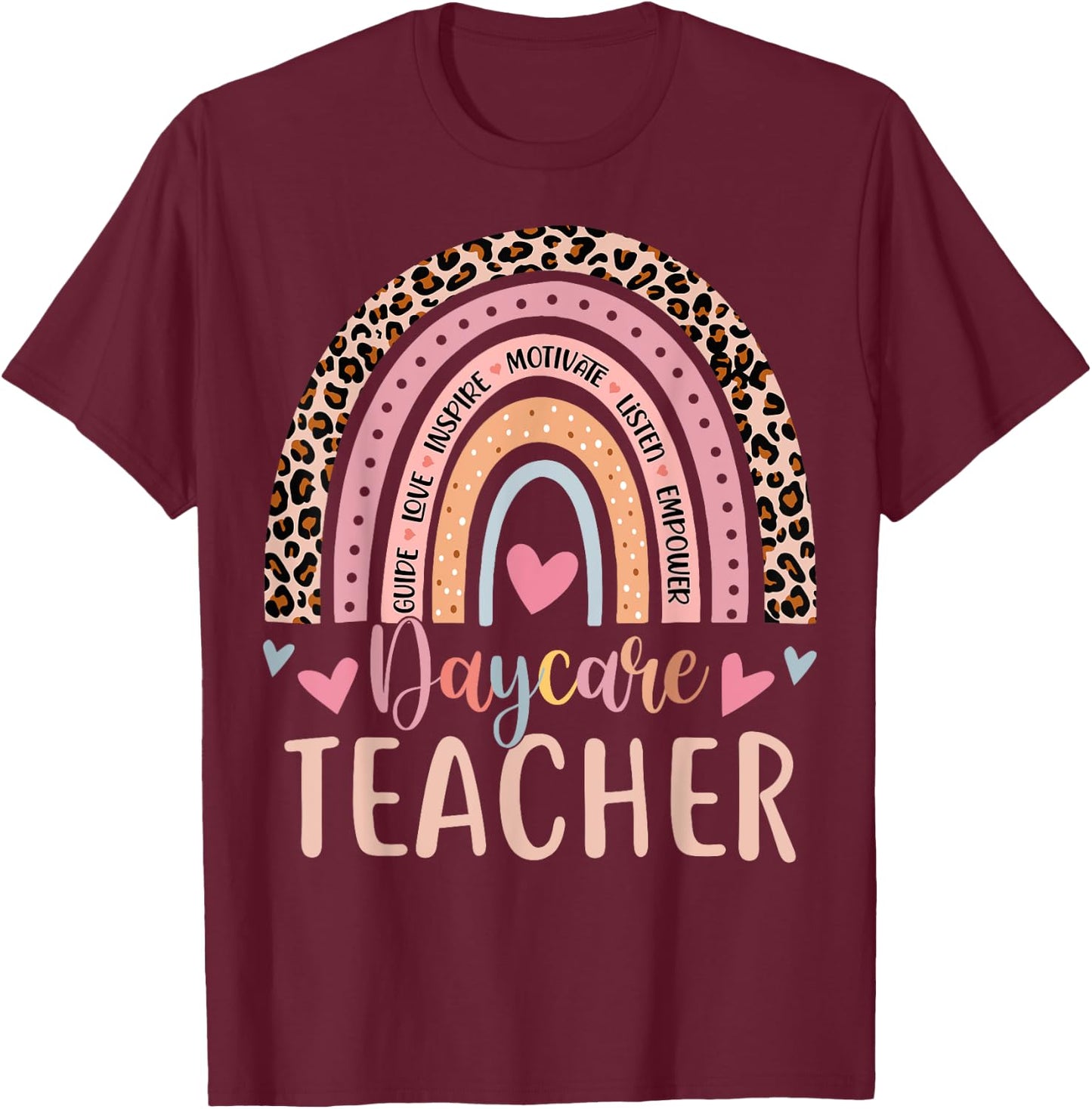 Cute Daycare Teacher Rainbow Leopard Print Childcare Worker T-Shirt - T-Shirt | Maroon