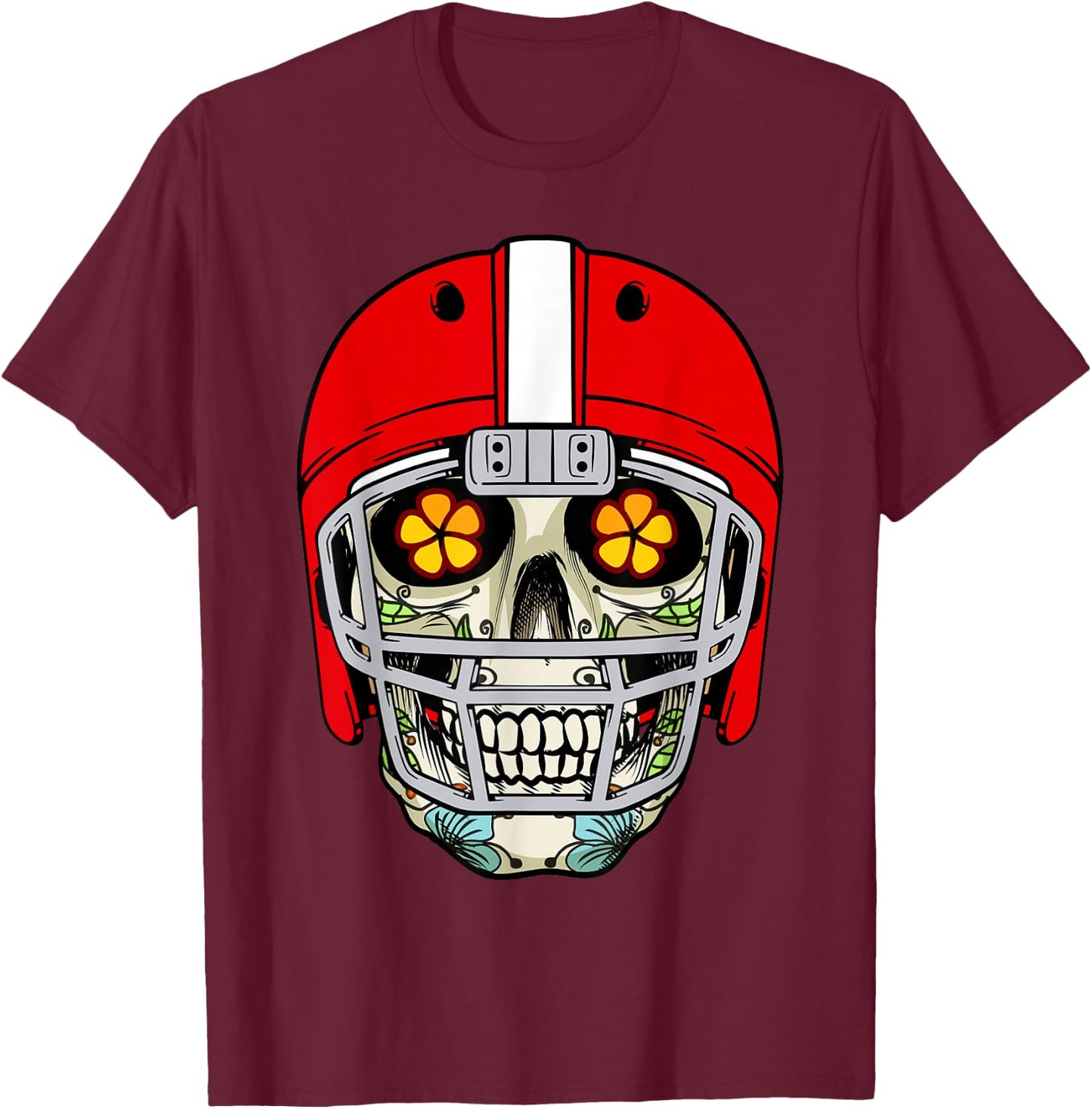 Mexican Sugar Skull Football Helmet Dia de Muertos Halloween T-Shirt - T-Shirt | Maroon