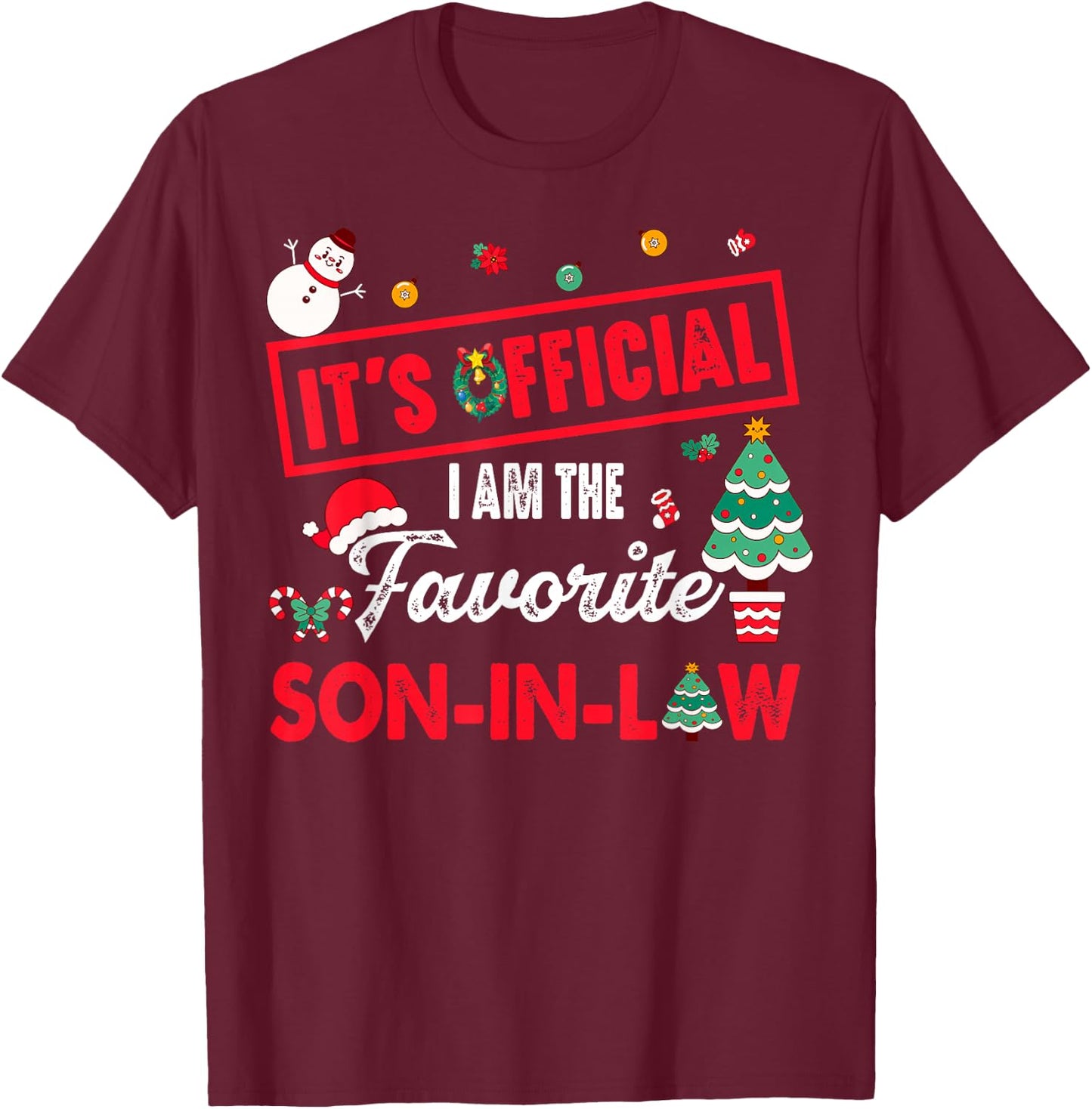 Official Favorite Son-In-Law Christmas Festive Wreath Tree T-Shirt - T-Shirt | Maroon