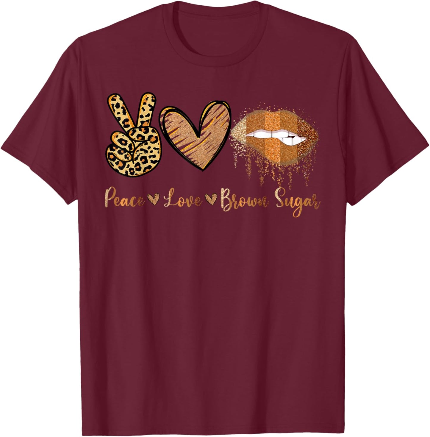 Peace Love Brown Sugar Leopard Hand Heart And Lips T-Shirt - T-Shirt | Maroon