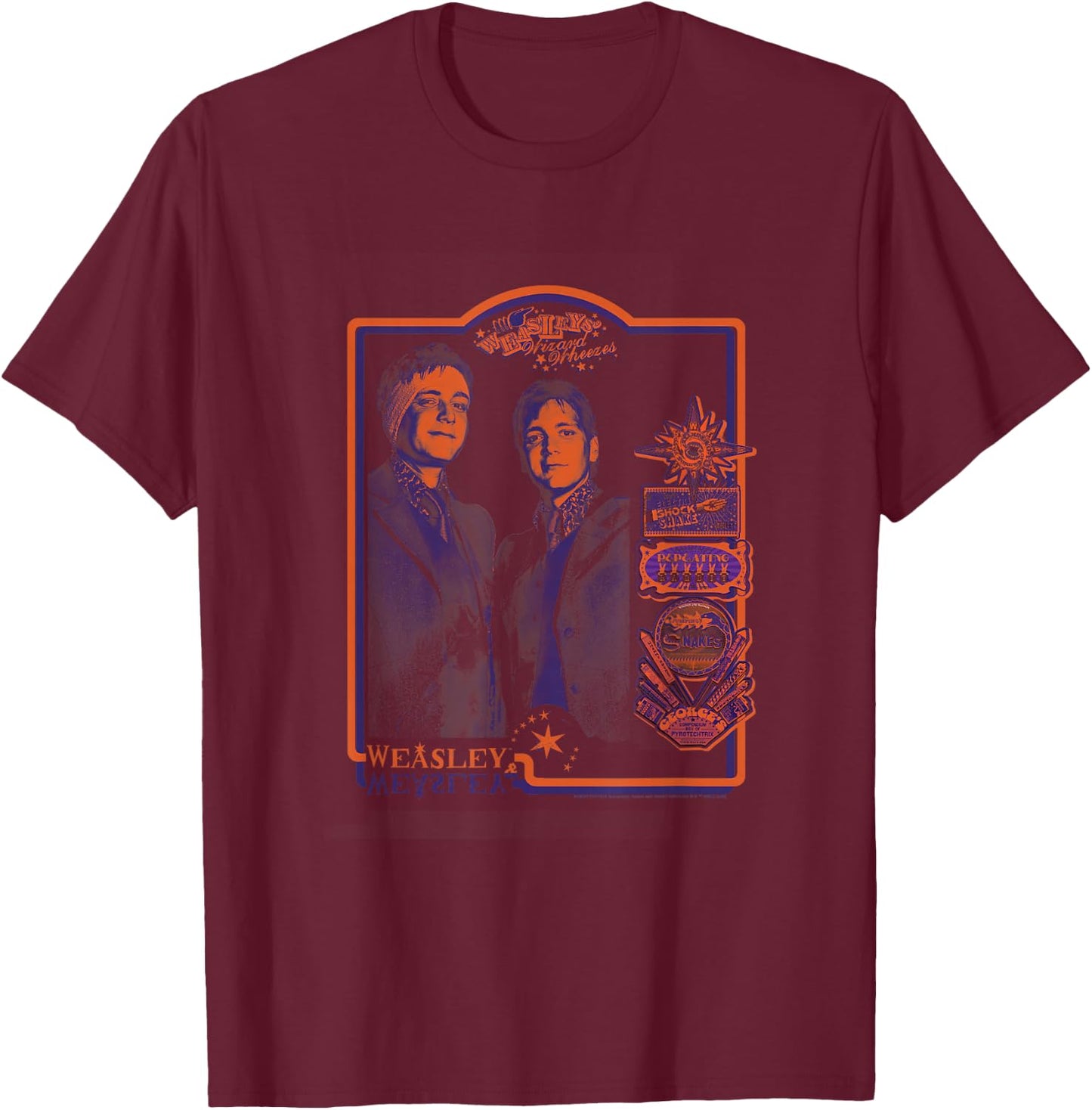 Harry Potter Official Vintage : Weasley Twins - Deathly Hallows - Adults & Kids - Black - Short Sleeve - - Regular Fit - Cotton & Polyester - Machine Wash T-Shirt - T-Shirt | Maroon