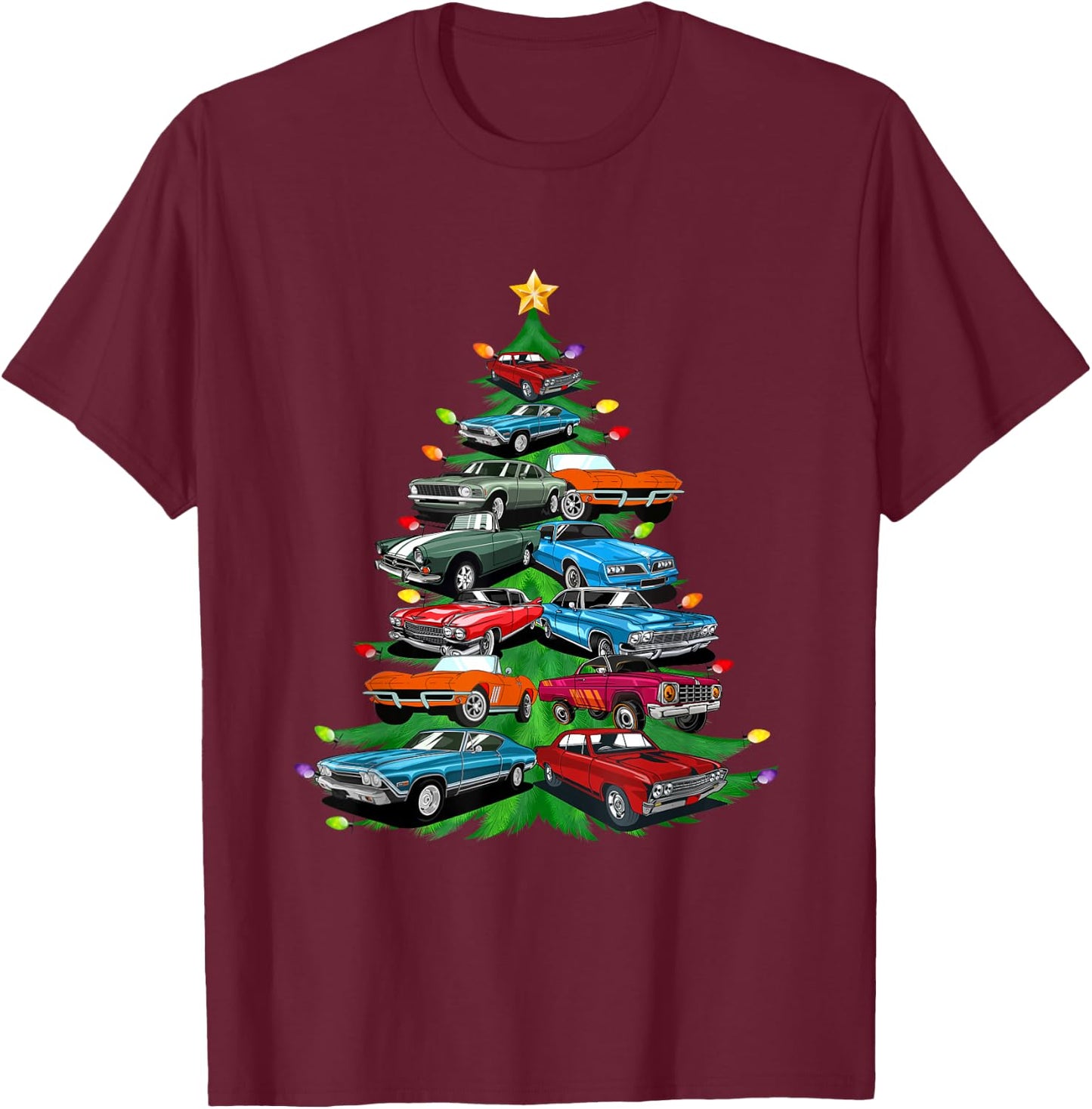 Car Madness Christmas Tree -Classic Muscle Cars and Hotrods T-Shirt - T-Shirt | Maroon