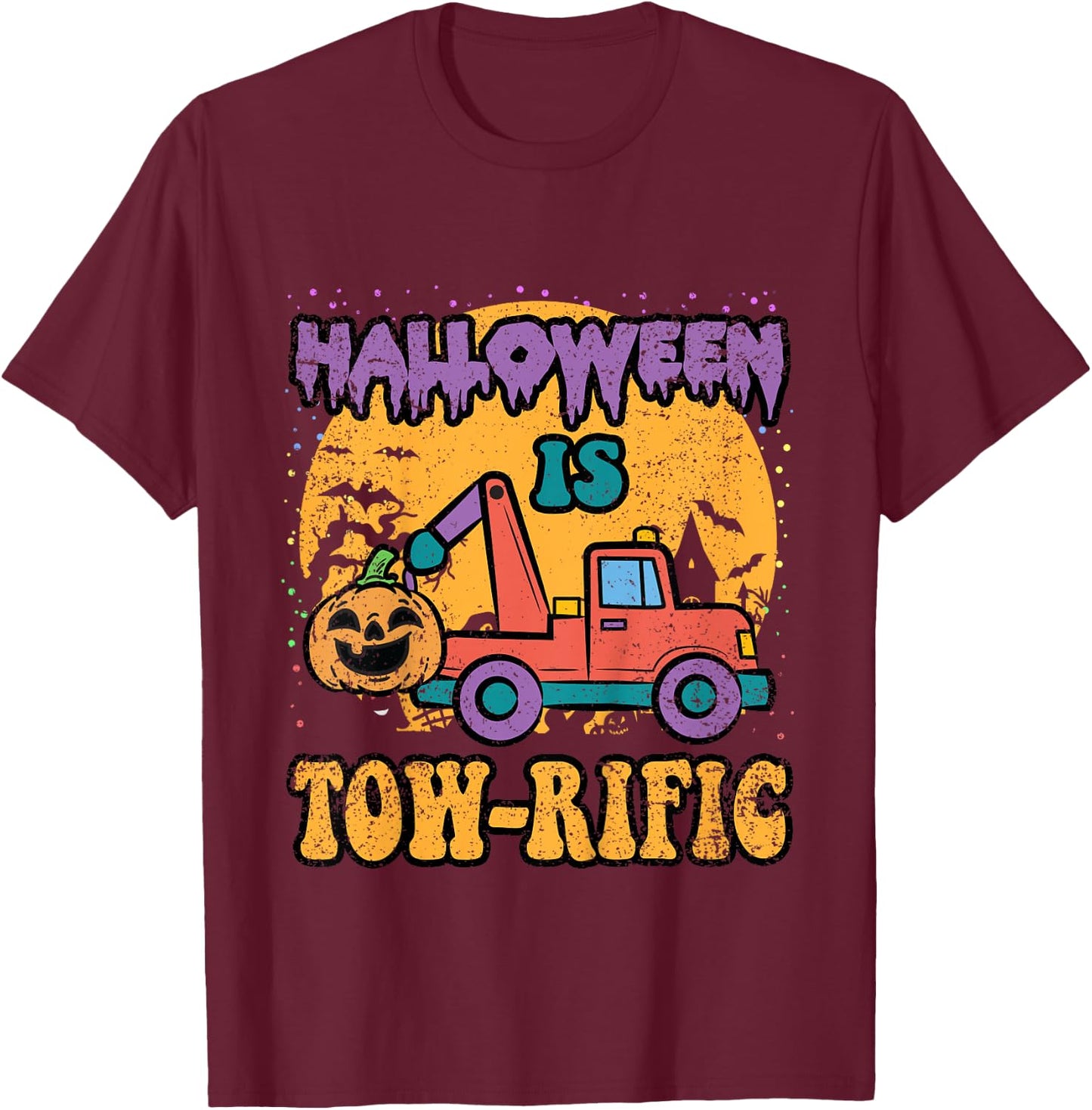 Kids Toddler Tow Truck Pumpkin Halloween Costume Towing Boys T-Shirt - T-Shirt | Maroon