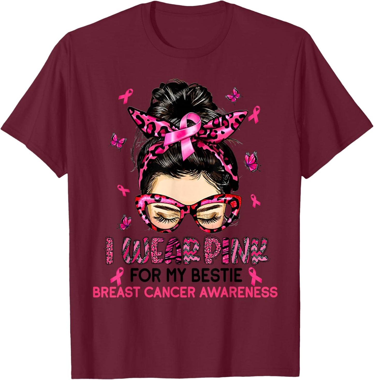I Wear Pink For My Bestie Breast Cancer Awareness Leopard T-Shirt - T-Shirt | Maroon